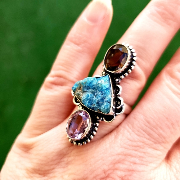 New Natural Blue Kyanite, Smoky Topaz, Pink Topaz 925 Silver Ring. - Picture 3 of 8